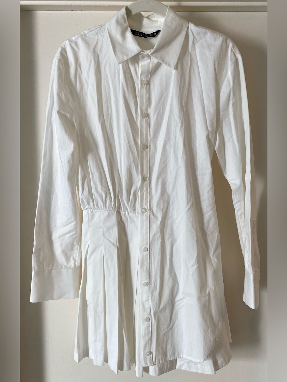 Zara White Long Button-Front Shirt Dress with Pleated Detail